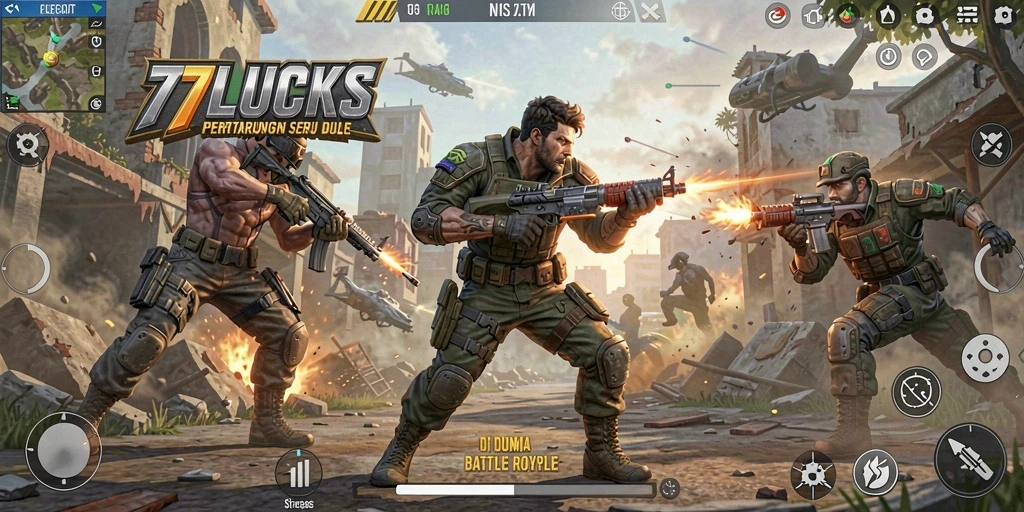 Screenshot gameplay <strong>77LUCKS</strong> menampilkan pertarungan seru di arena Battle Royale.