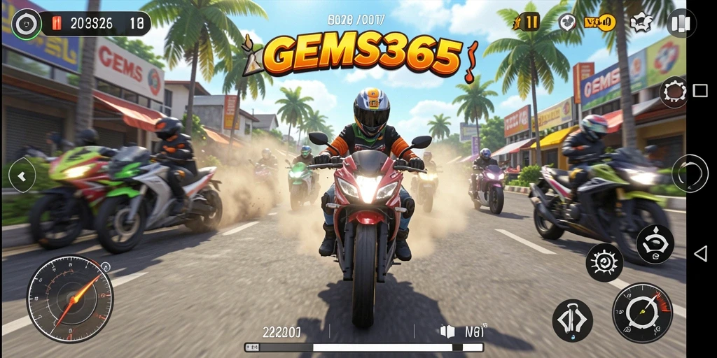 Screenshot gameplay GEMS365 menampilkan aksi balapan motor yang mendebarkan.