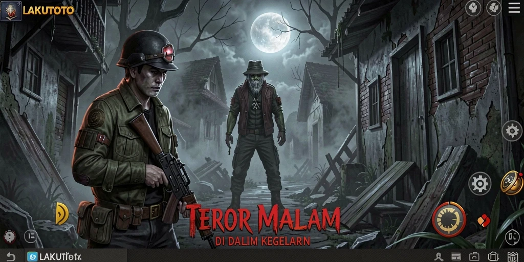 Screenshot gameplay LAKUTOTO menampilkan suasana mencekam dan efek visual yang menyeramkan.