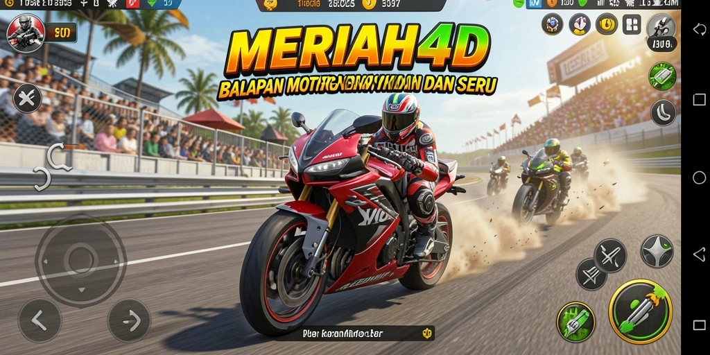 Gameplay <strong>MERIAH4D</strong> menampilkan aksi balapan motor yang mendebarkan dan seru.