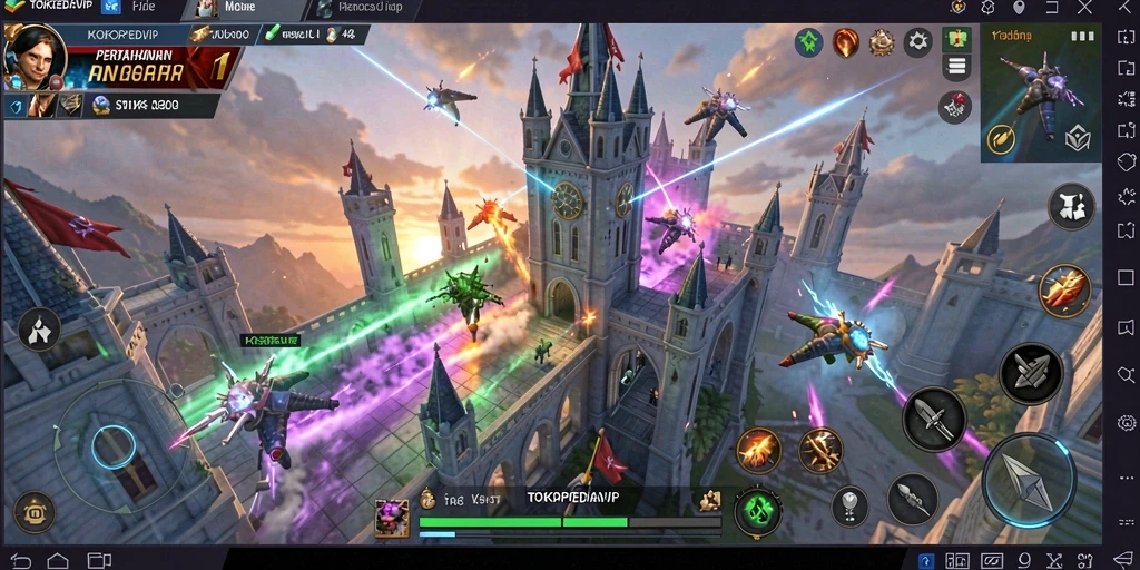 Tampilan gameplay menegangkan dari TOKOPEDIAVIP dengan berbagai menara dan musuh.